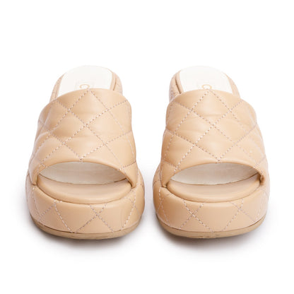 Chanel Beige Quilted Lambskin Leather Camellia CC Wedge Slide Sandals, Size36