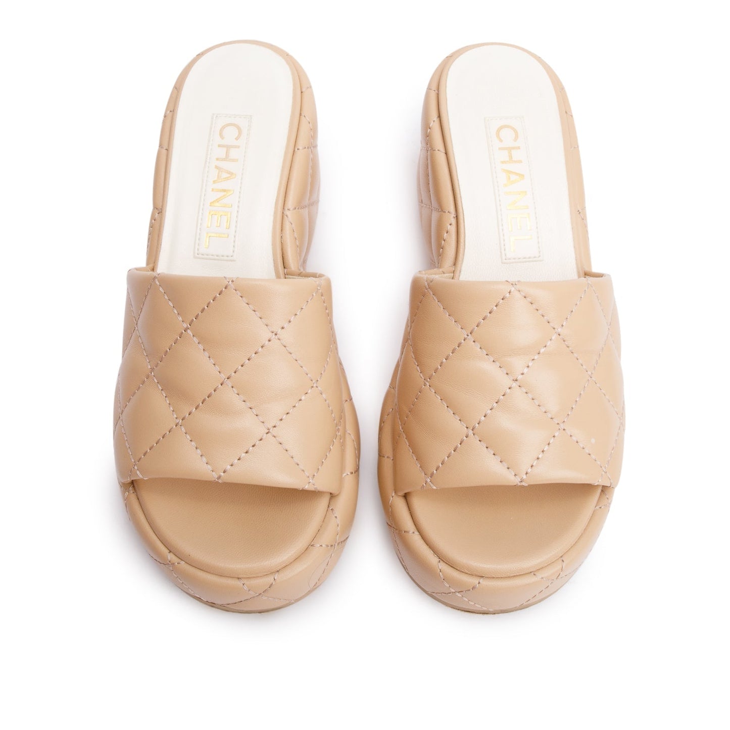 Chanel Beige Quilted Lambskin Leather Camellia CC Wedge Slide Sandals, Size36
