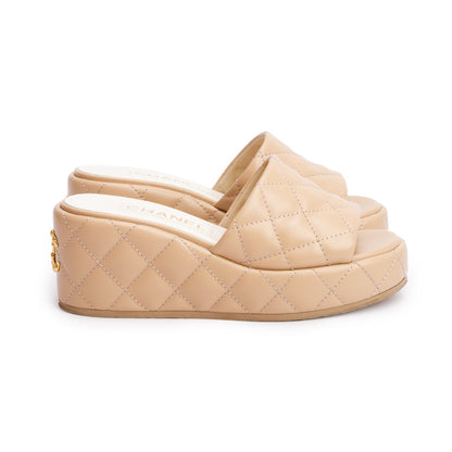 Chanel Beige Quilted Lambskin Leather Camellia CC Wedge Slide Sandals, Size36