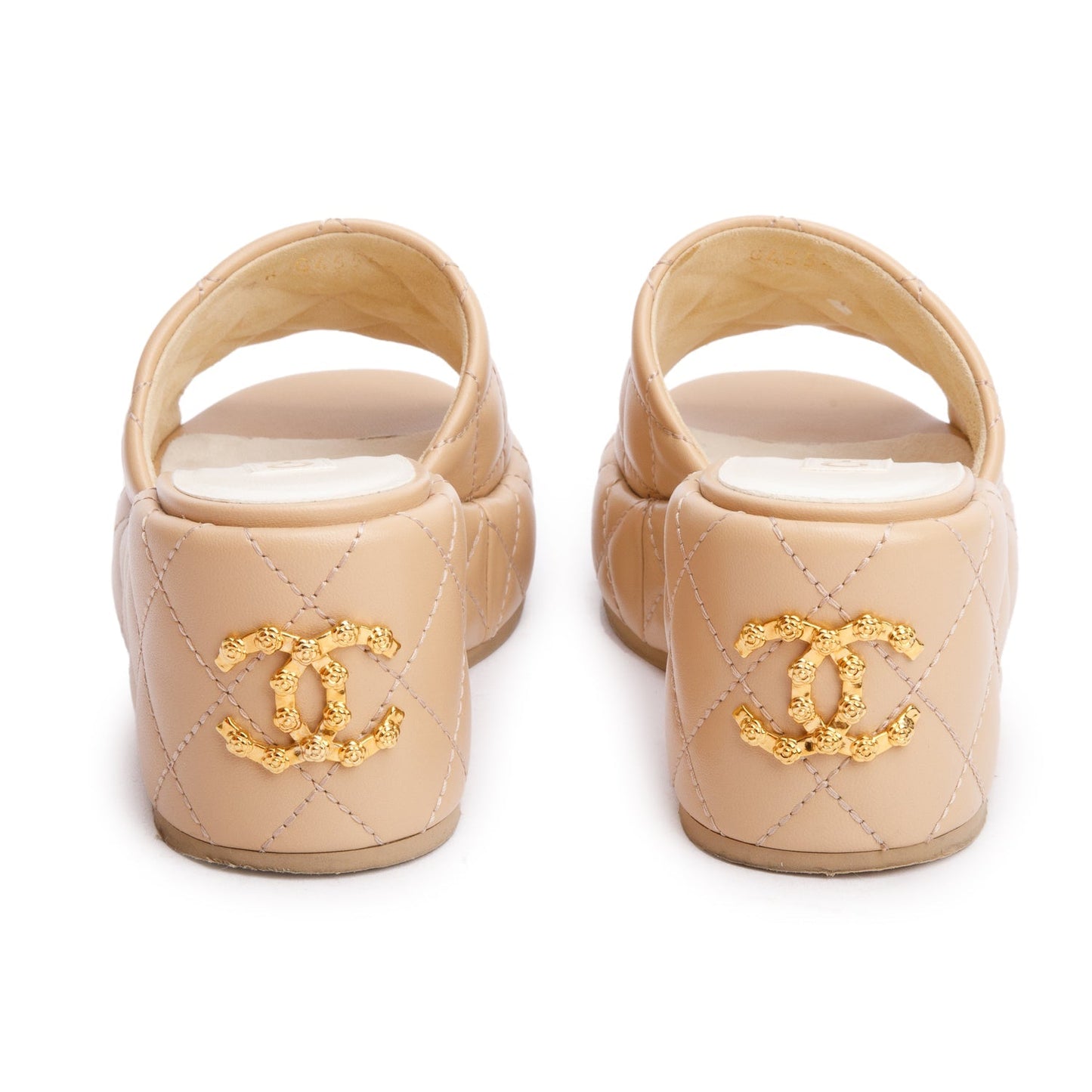 Chanel Beige Quilted Lambskin Leather Camellia CC Wedge Slide Sandals, Size36