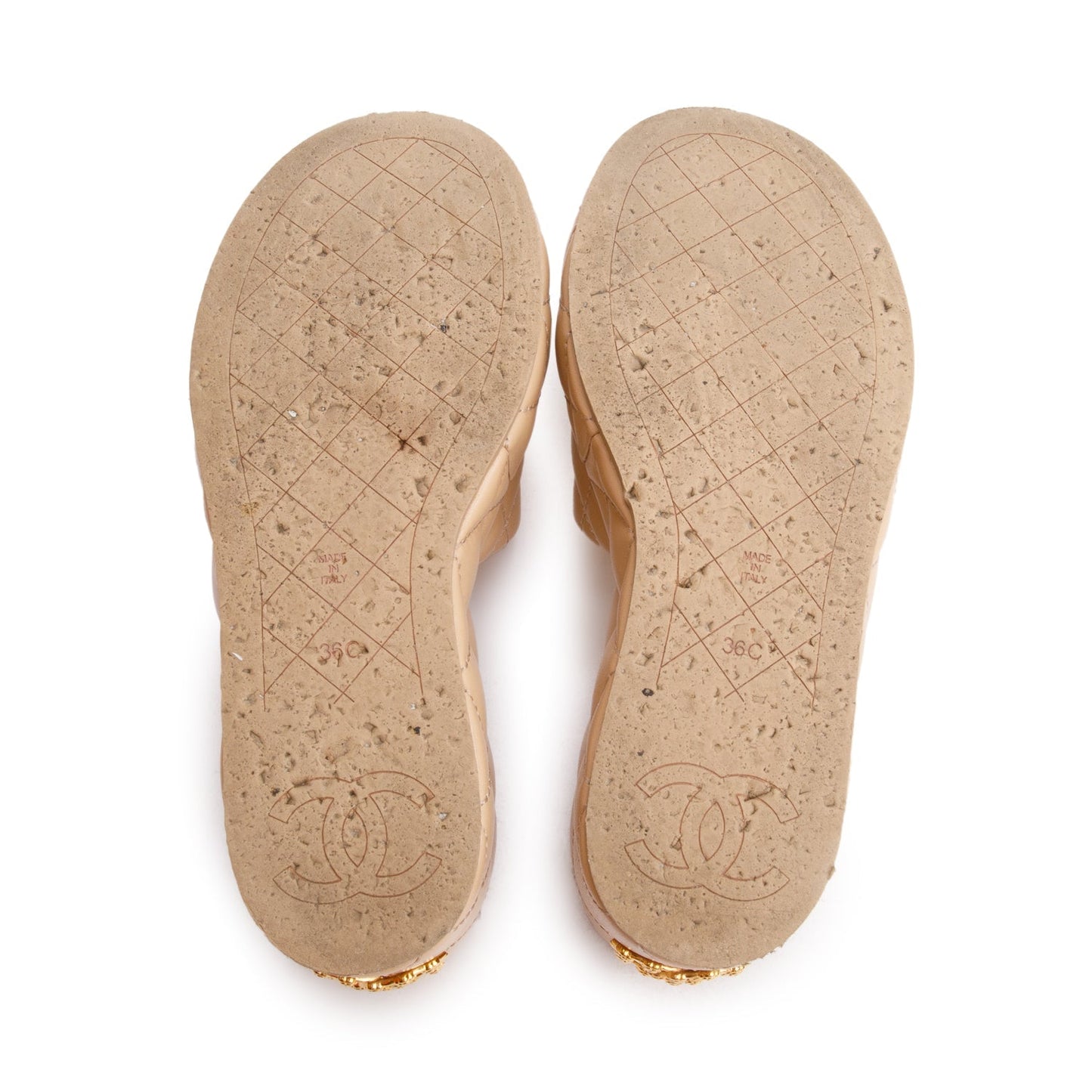 Chanel Beige Quilted Lambskin Leather Camellia CC Wedge Slide Sandals, Size36
