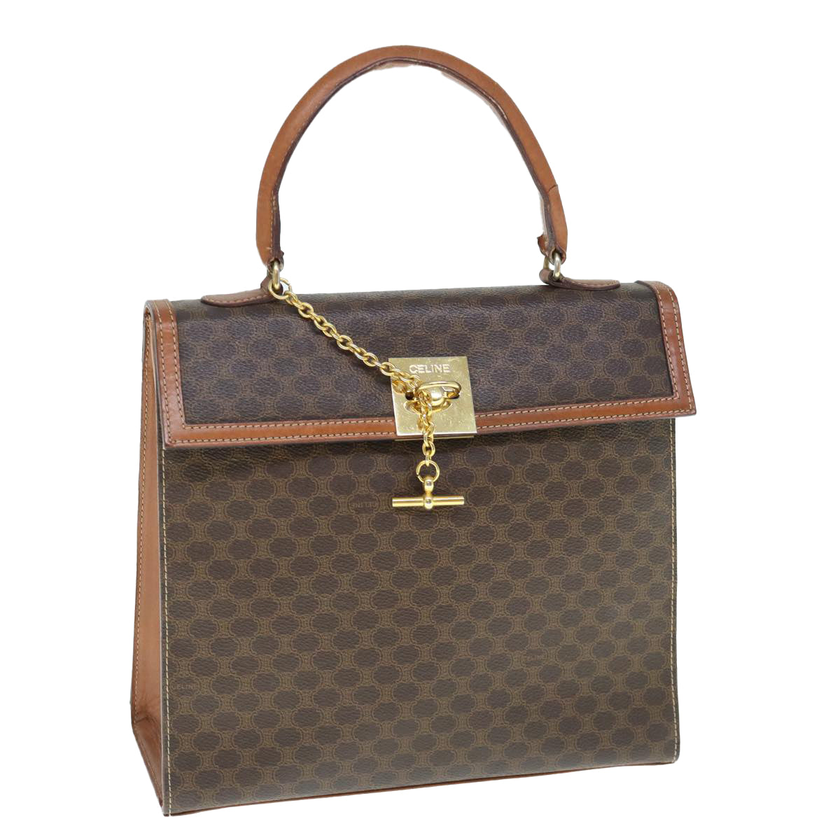 Luxury CELINE Macadam Canvas Hand Bag PVC Leather Brown  63166