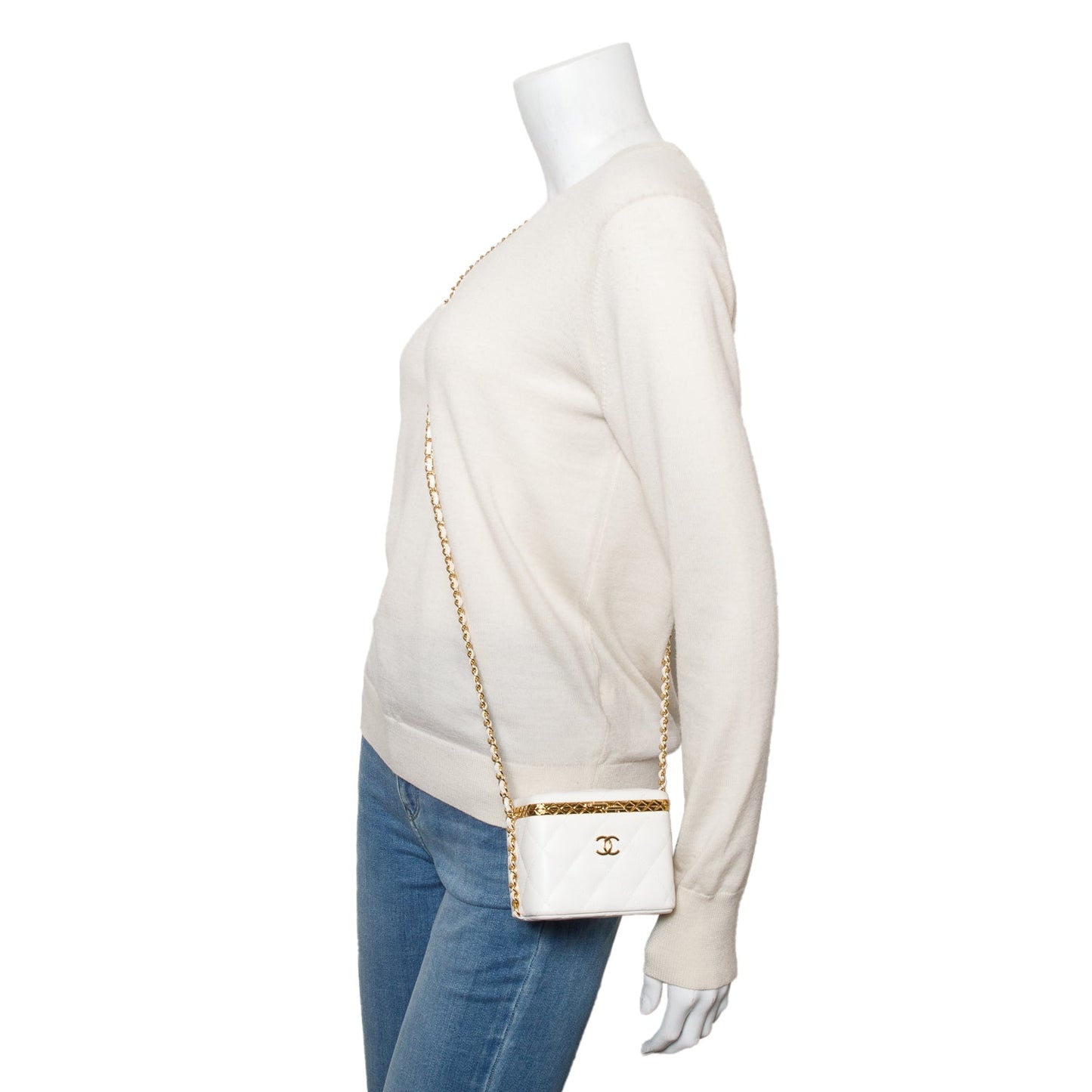 Chanel 2022 White Quilted Lambskin Leather Small Lock Frame Chain Vanity Case