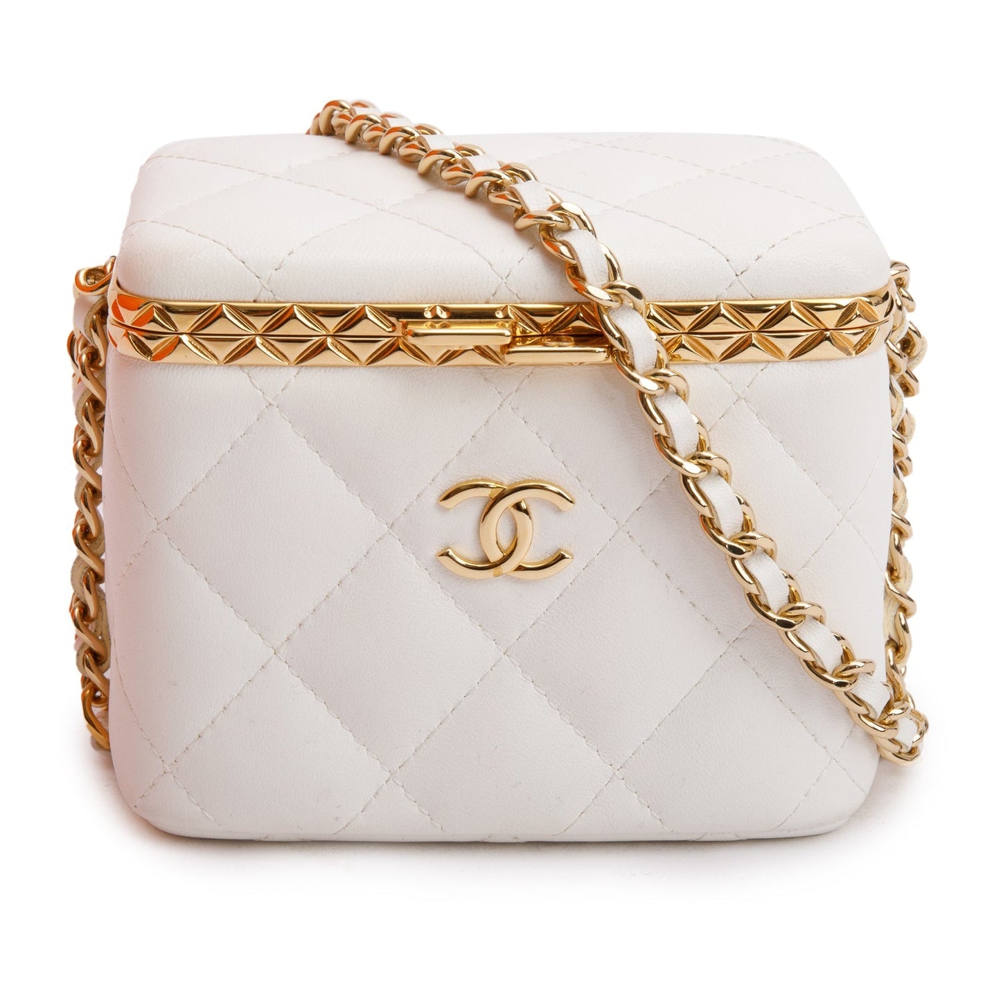 Chanel 2022 White Quilted Lambskin Leather Small Lock Frame Chain Vanity Case