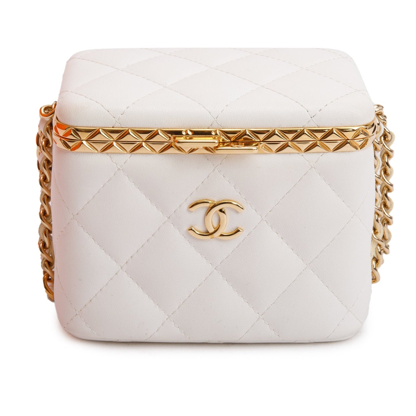 Chanel 2022 White Quilted Lambskin Leather Small Lock Frame Chain Vanity Case