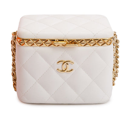 Chanel 2022 White Quilted Lambskin Leather Small Lock Frame Chain Vanity Case