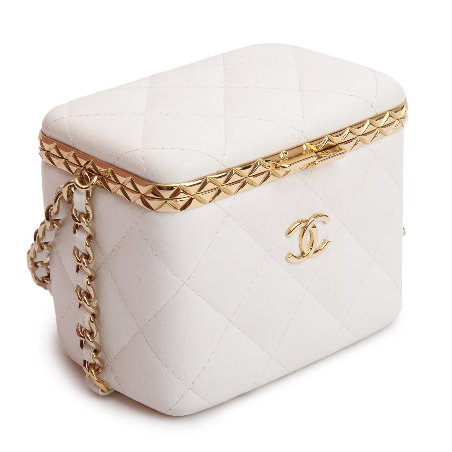 Chanel 2022 White Quilted Lambskin Leather Small Lock Frame Chain Vanity Case