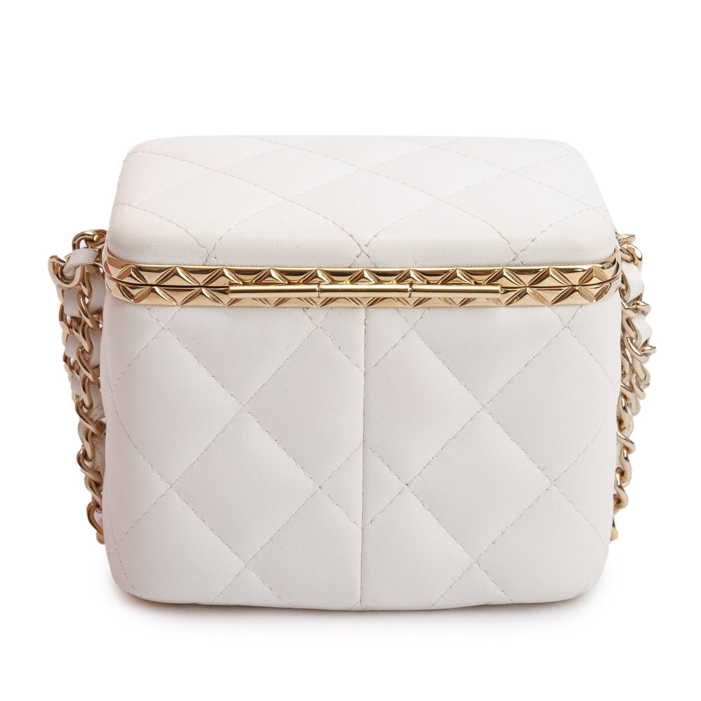 Chanel 2022 White Quilted Lambskin Leather Small Lock Frame Chain Vanity Case