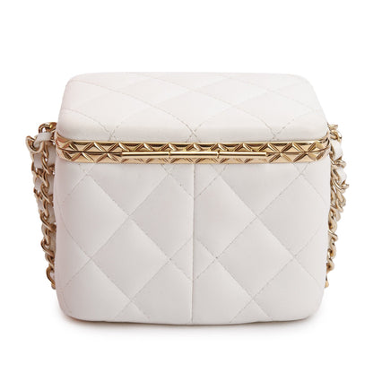 Chanel 2022 White Quilted Lambskin Leather Small Lock Frame Chain Vanity Case