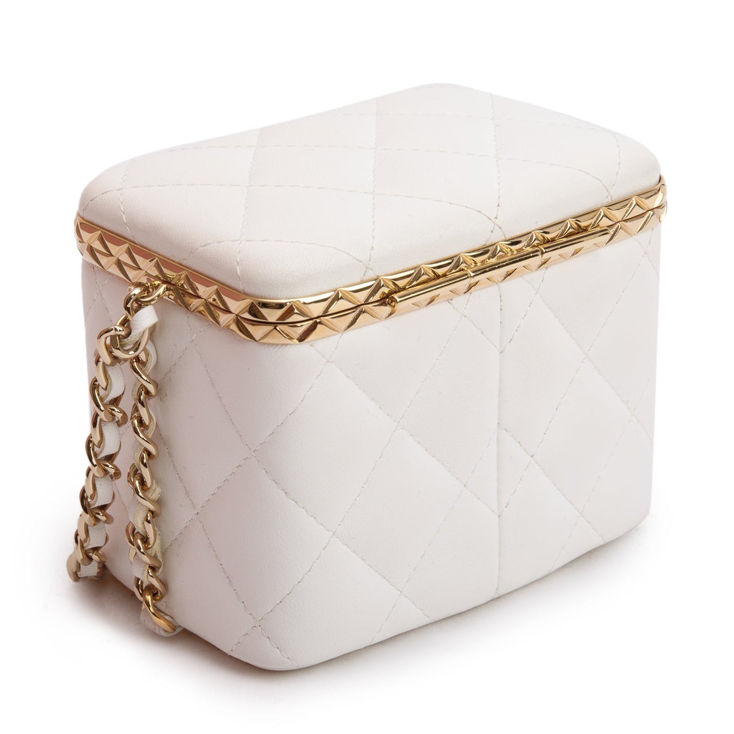 Chanel 2022 White Quilted Lambskin Leather Small Lock Frame Chain Vanity Case
