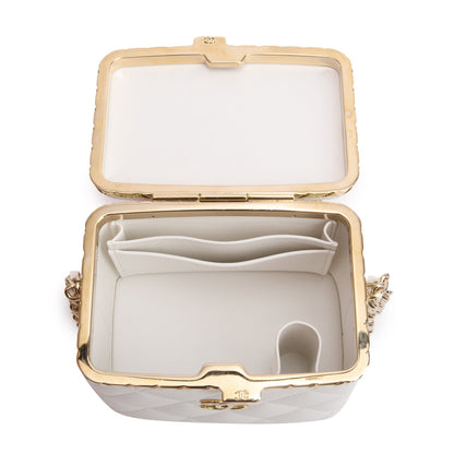 Chanel 2022 White Quilted Lambskin Leather Small Lock Frame Chain Vanity Case