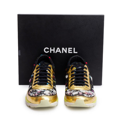 Chanel Gold/Black Trim Tweed Interlocking CC Logo Sneakers, Size 39