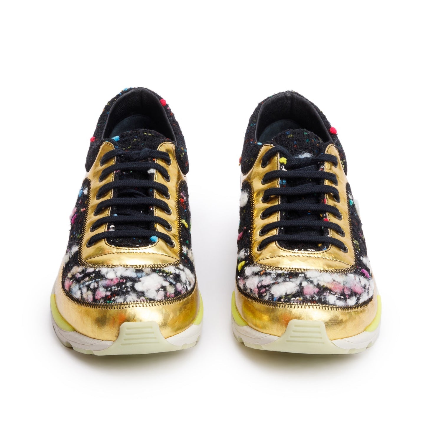 Chanel Gold/Black Trim Tweed Interlocking CC Logo Sneakers, Size 39