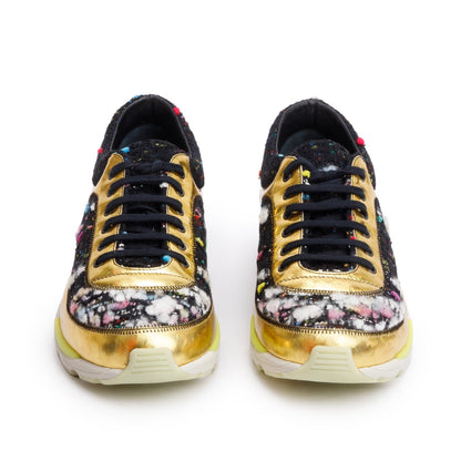 Chanel Gold/Black Trim Tweed Interlocking CC Logo Sneakers, Size 39