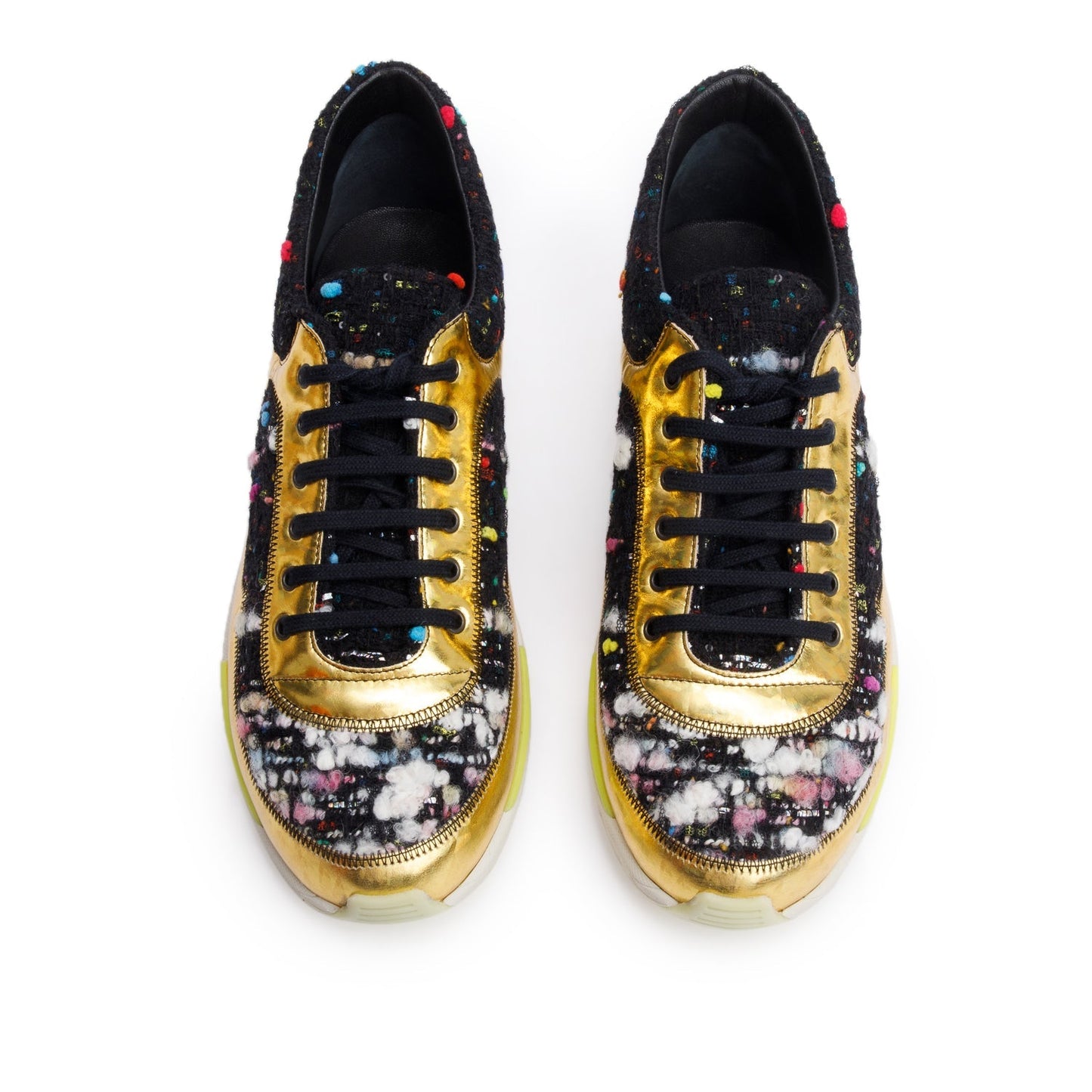 Chanel Gold/Black Trim Tweed Interlocking CC Logo Sneakers, Size 39