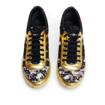 Chanel Gold/Black Trim Tweed Interlocking CC Logo Sneakers, Size 39