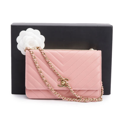Chanel Pink Chevron Quilted Lambskin Leather Trendy Wallet on Chain