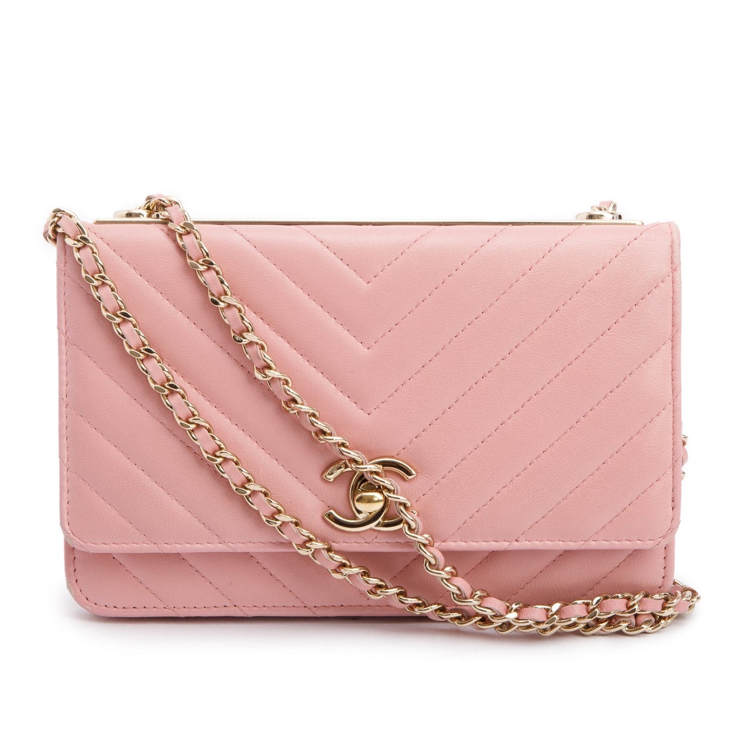 Chanel Pink Chevron Quilted Lambskin Leather Trendy Wallet on Chain