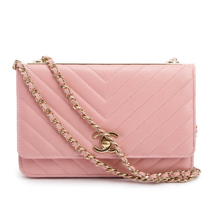 Chanel Pink Chevron Quilted Lambskin Leather Trendy Wallet on Chain