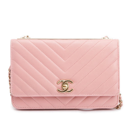 Chanel Pink Chevron Quilted Lambskin Leather Trendy Wallet on Chain