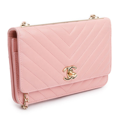 Chanel Pink Chevron Quilted Lambskin Leather Trendy Wallet on Chain