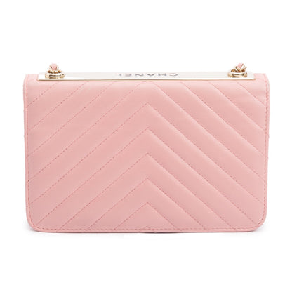 Chanel Pink Chevron Quilted Lambskin Leather Trendy Wallet on Chain