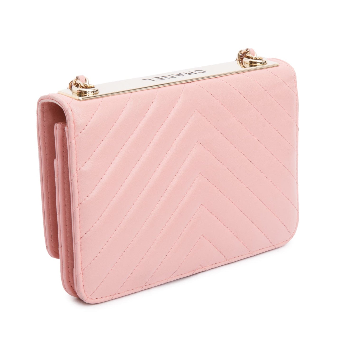Chanel Pink Chevron Quilted Lambskin Leather Trendy Wallet on Chain