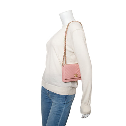 Chanel Pink Chevron Quilted Lambskin Leather Trendy Wallet on Chain