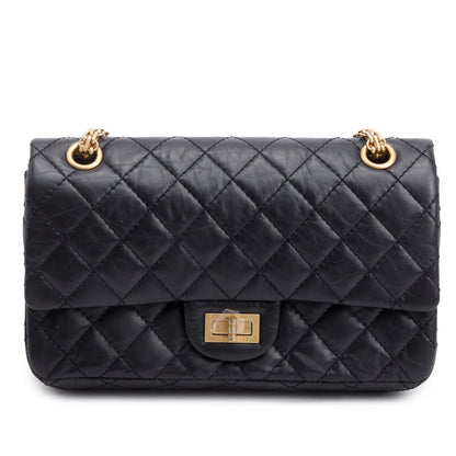 Chanel Black Aged Calfskin Leather 2.55 Reissue 225 Double Flap Bag