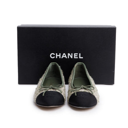 Chanel Black Satin Green Multicolor Tweed Interlocking CC Logo Bow Flats, Size 37