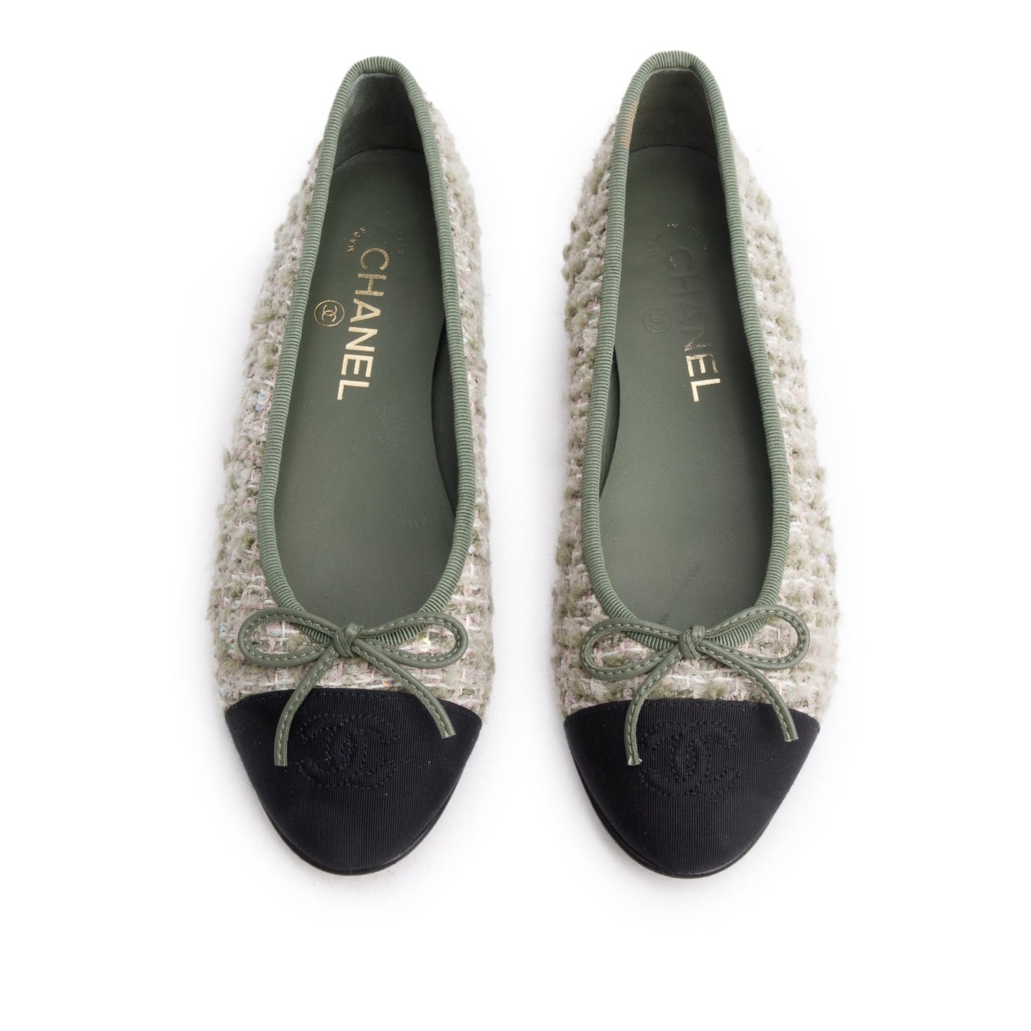 Chanel Black Satin Green Multicolor Tweed Interlocking CC Logo Bow Flats, Size 37