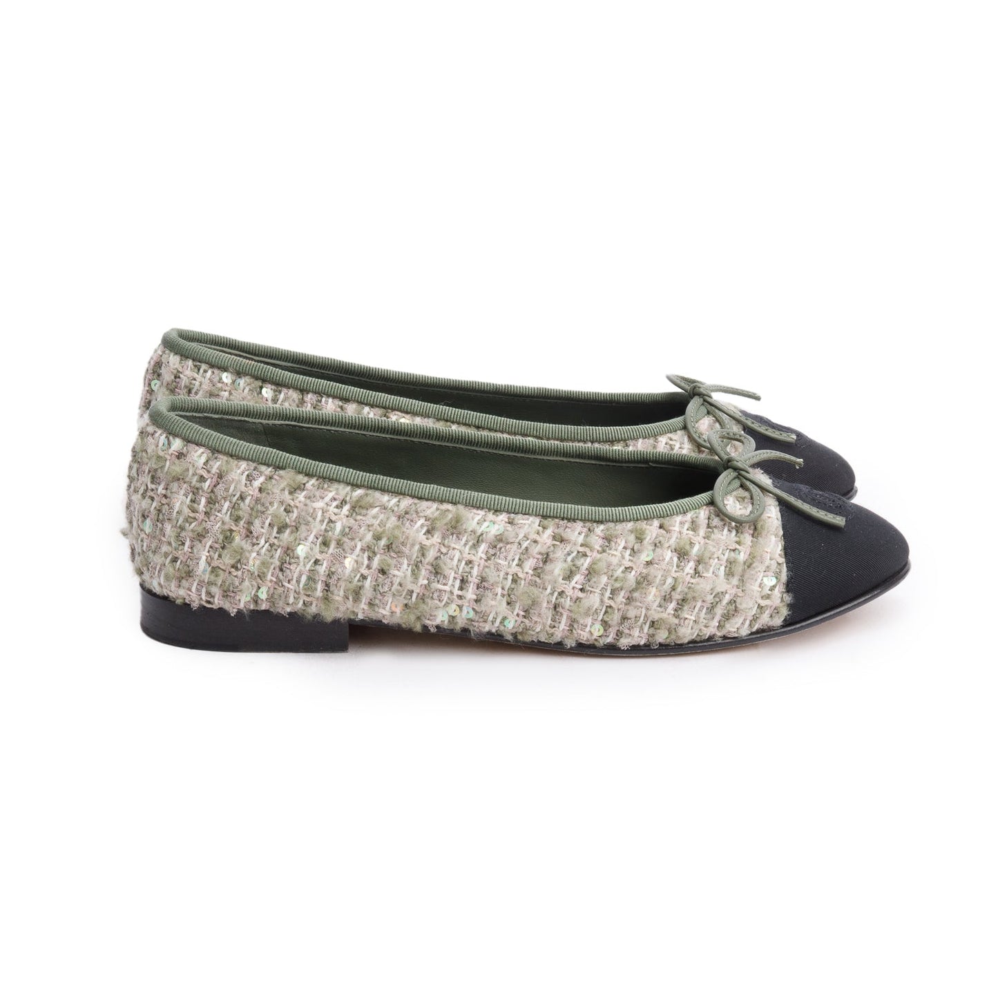 Chanel Black Satin Green Multicolor Tweed Interlocking CC Logo Bow Flats, Size 37