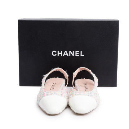 Chanel Pink Tweed White Patent Leather Cap Toe CC Slingback Flats, Size 37