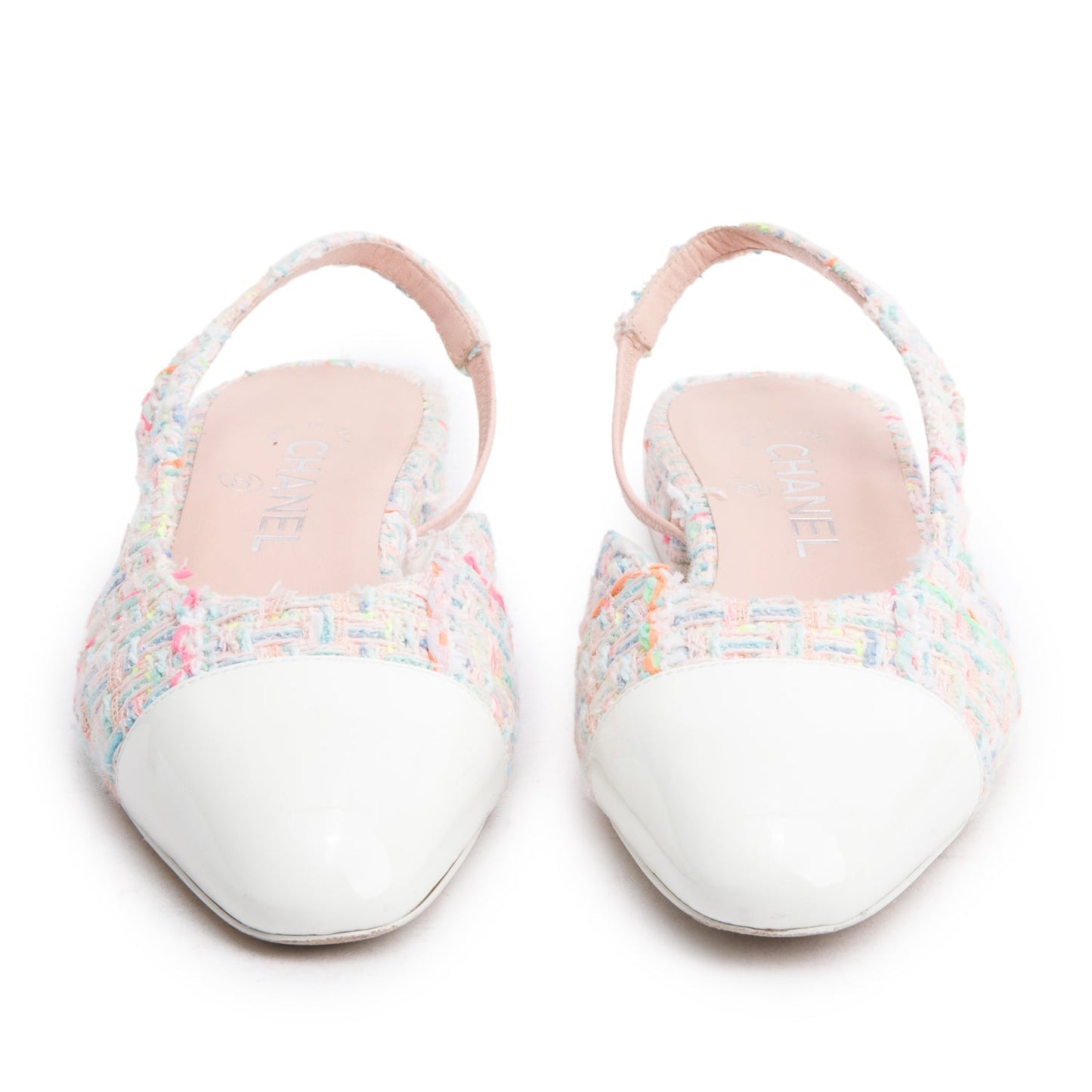 Chanel Pink Tweed White Patent Leather Cap Toe CC Slingback Flats, Size 37