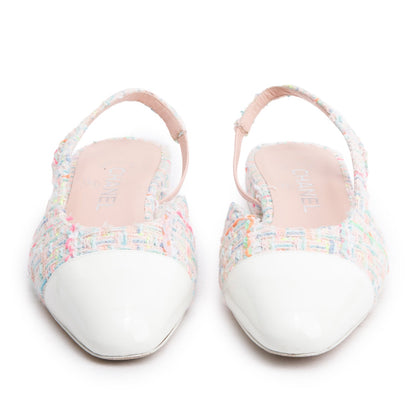 Chanel Pink Tweed White Patent Leather Cap Toe CC Slingback Flats, Size 37