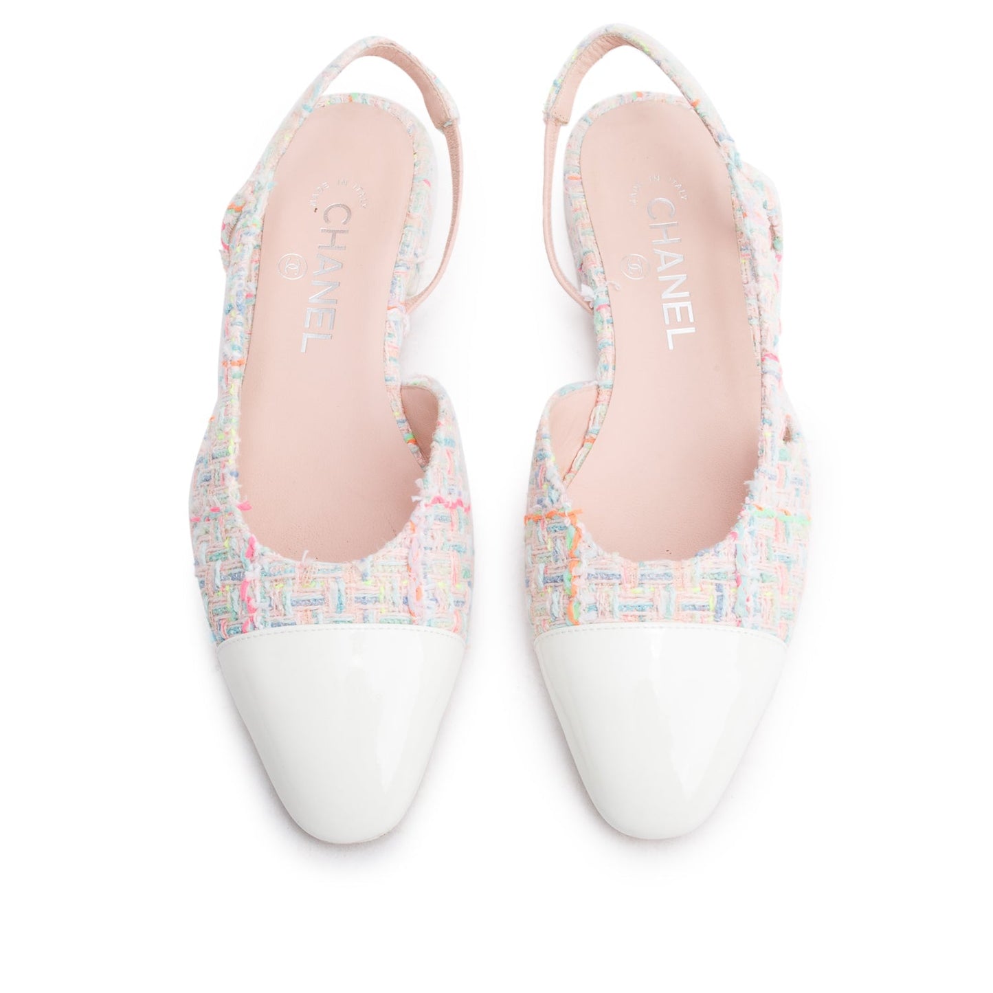 Chanel Pink Tweed White Patent Leather Cap Toe CC Slingback Flats, Size 37