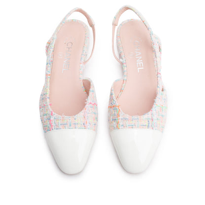 Chanel Pink Tweed White Patent Leather Cap Toe CC Slingback Flats, Size 37