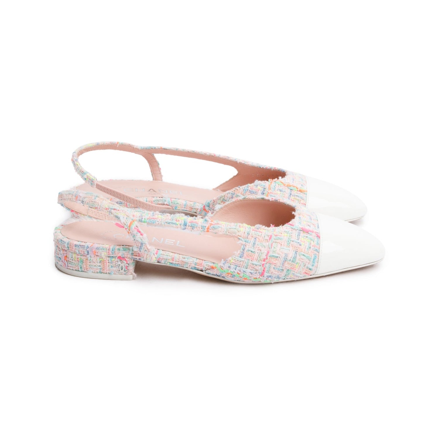 Chanel Pink Tweed White Patent Leather Cap Toe CC Slingback Flats, Size 37