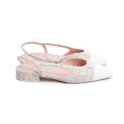Chanel Pink Tweed White Patent Leather Cap Toe CC Slingback Flats, Size 37