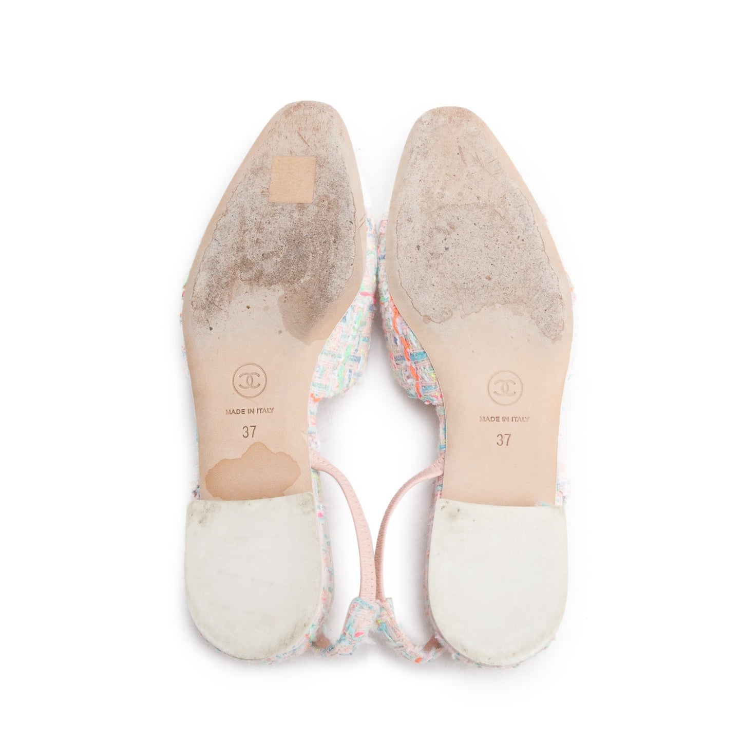 Chanel Pink Tweed White Patent Leather Cap Toe CC Slingback Flats, Size 37