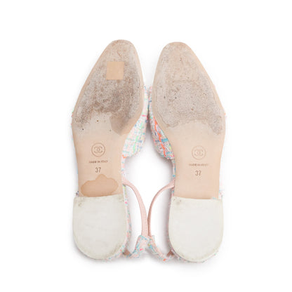 Chanel Pink Tweed White Patent Leather Cap Toe CC Slingback Flats, Size 37