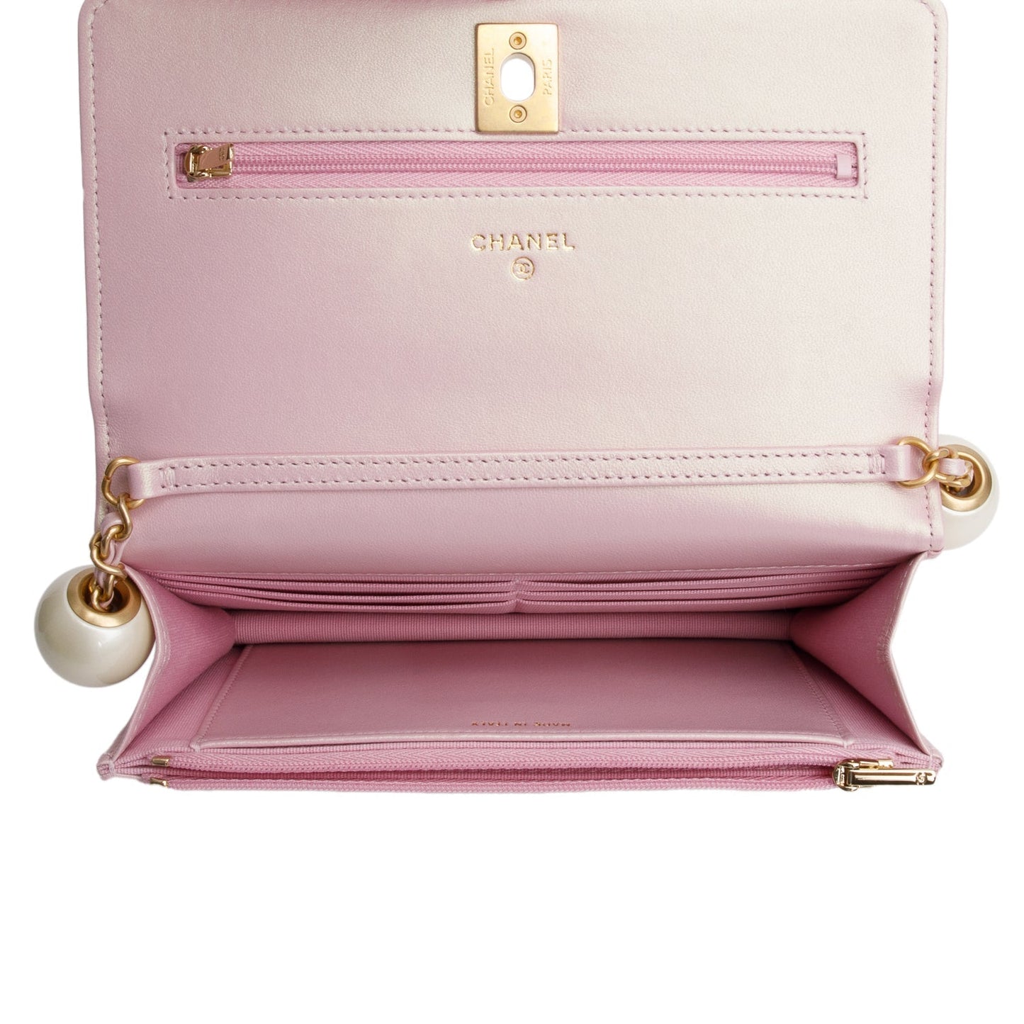 Chanel Pink Iridescent Quilted Lambskin Leather CC Pearl Crush Classic Wallet on Chain