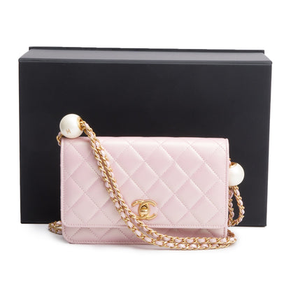 Chanel Pink Iridescent Quilted Lambskin Leather CC Pearl Crush Classic Wallet on Chain