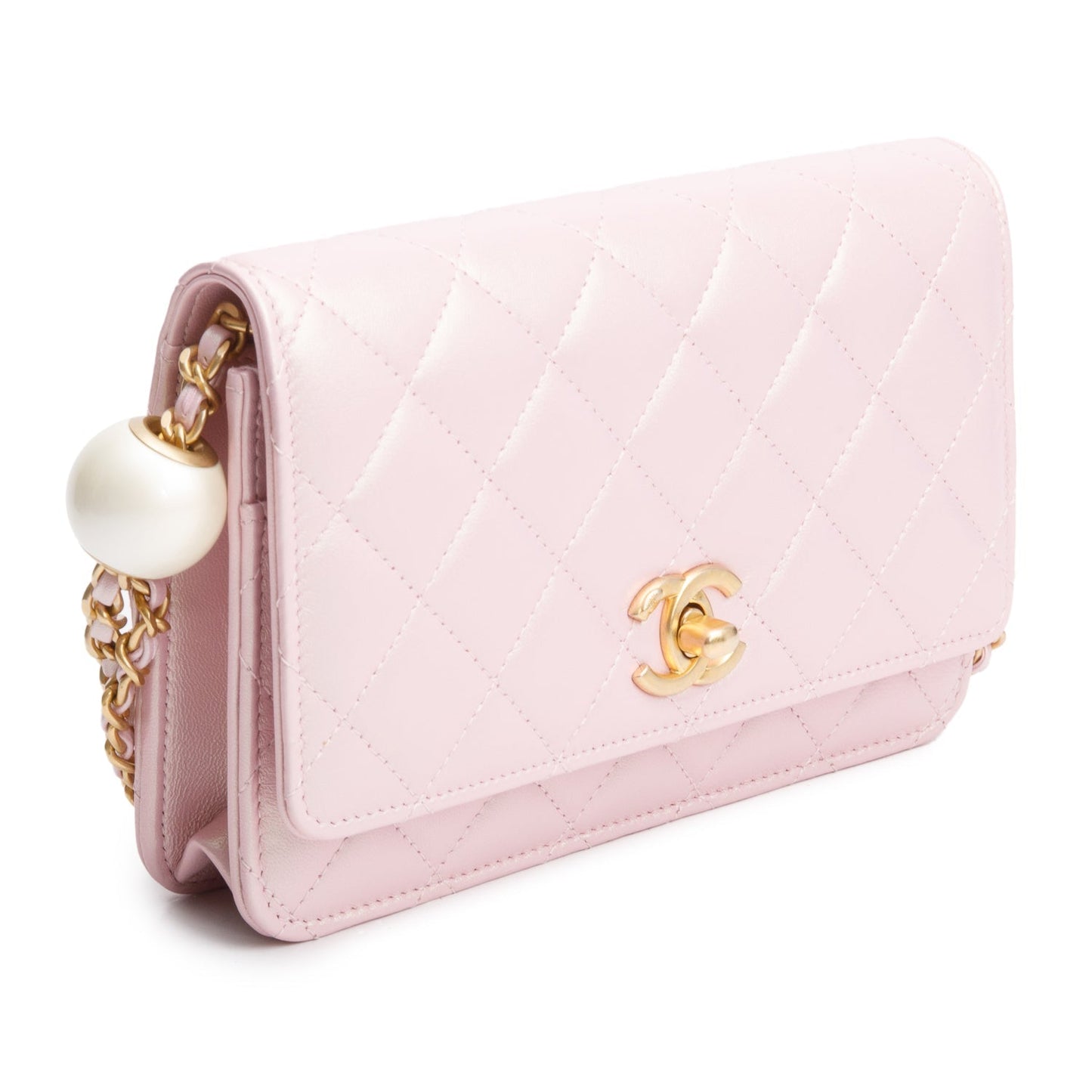 Chanel Pink Iridescent Quilted Lambskin Leather CC Pearl Crush Classic Wallet on Chain