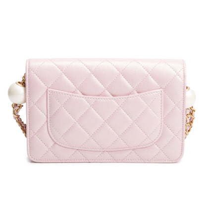 Chanel Pink Iridescent Quilted Lambskin Leather CC Pearl Crush Classic Wallet on Chain