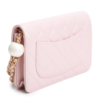 Chanel Pink Iridescent Quilted Lambskin Leather CC Pearl Crush Classic Wallet on Chain