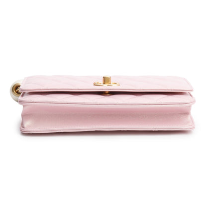 Chanel Pink Iridescent Quilted Lambskin Leather CC Pearl Crush Classic Wallet on Chain