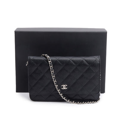 Chanel Black Quilted Caviar Leather Classic Wallet on Chain