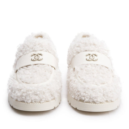 Chanel White Shearling Interlocking CC Logo Loafer, Size 37