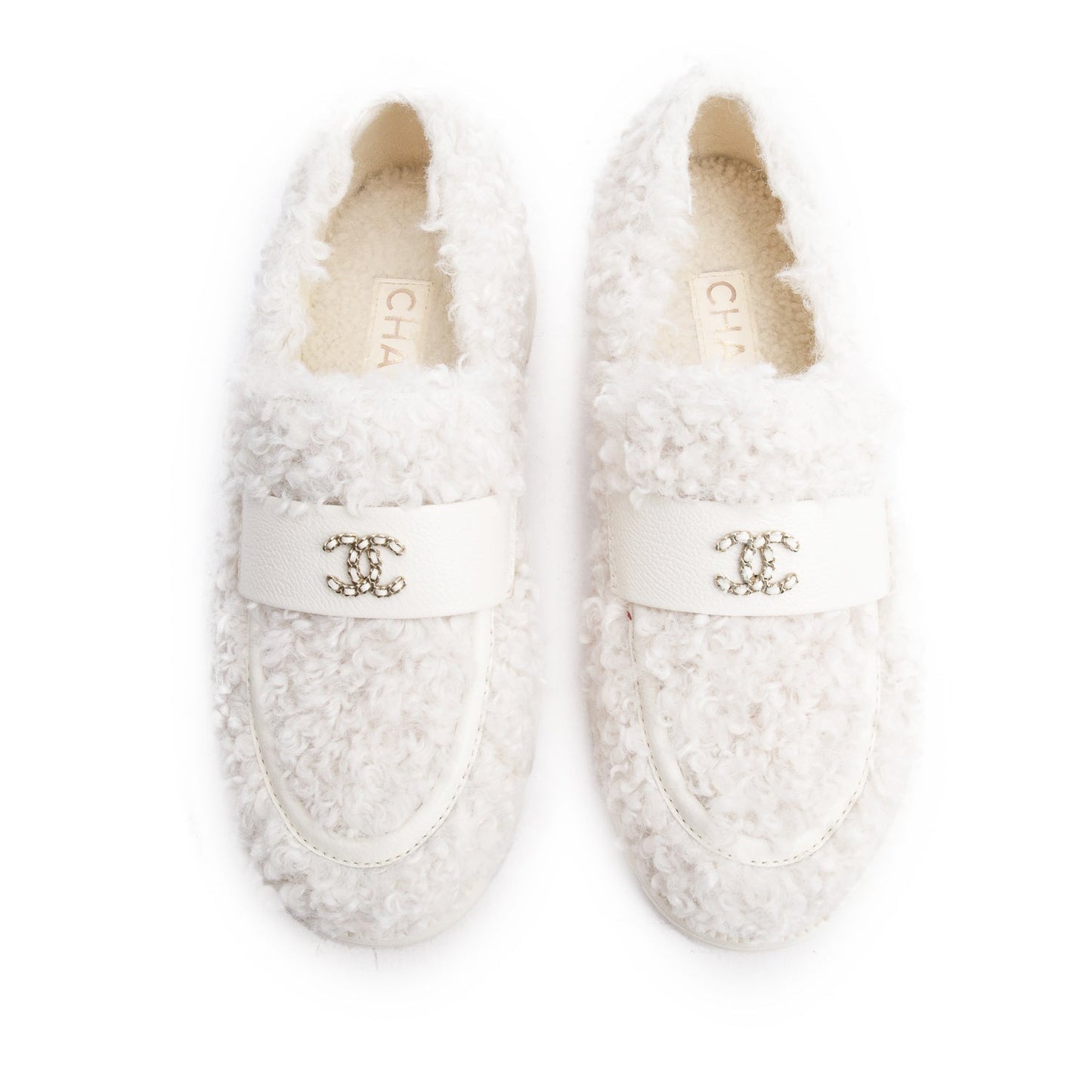 Chanel White Shearling Interlocking CC Logo Loafer, Size 37